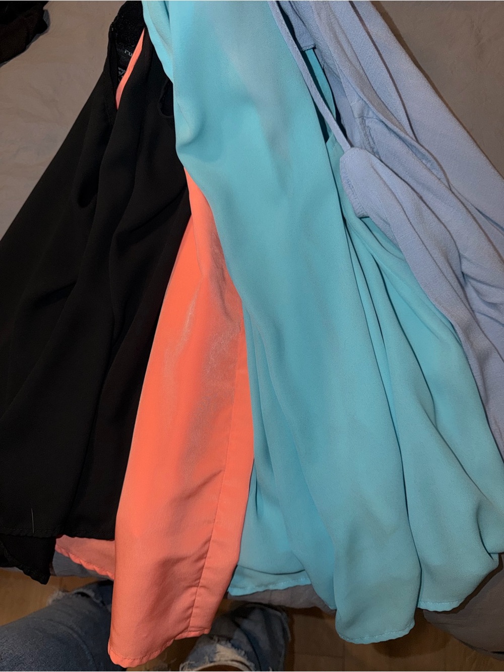 4 summer tops in Black, Coral, Turquoise, & Light Blue